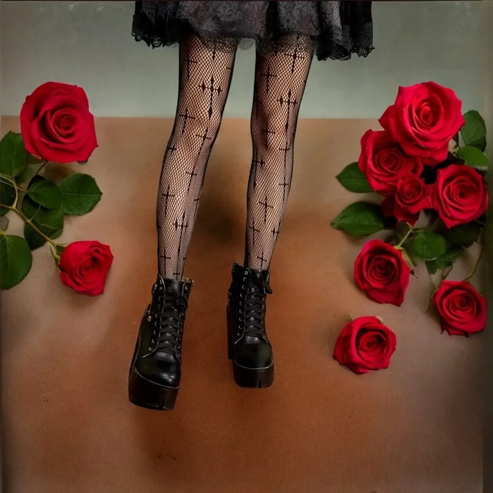 Cross Pattern Fishnet Tights, Hollow Out High‎ Waist Mesh Pantyhose One Size